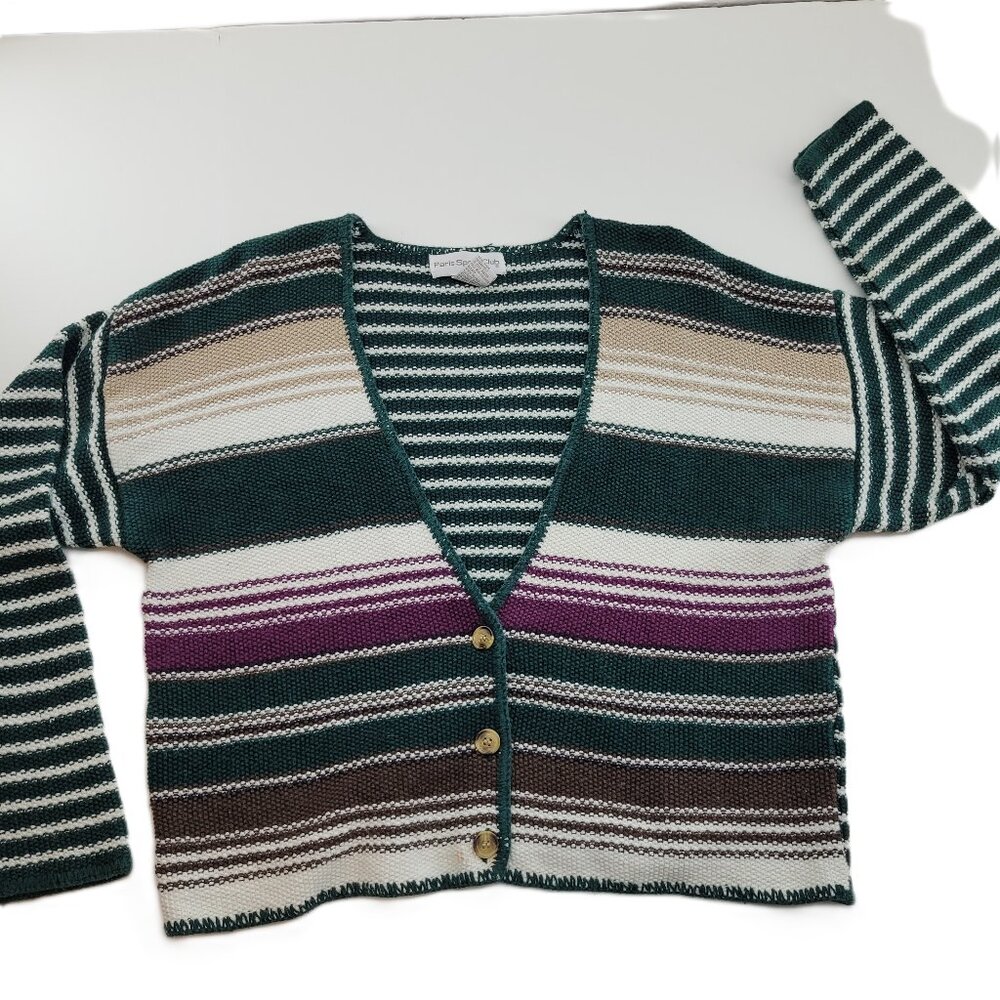 Awesome Paris Sport Club Cardigan Sweater Womens S Block Stripe Ramie Vintage